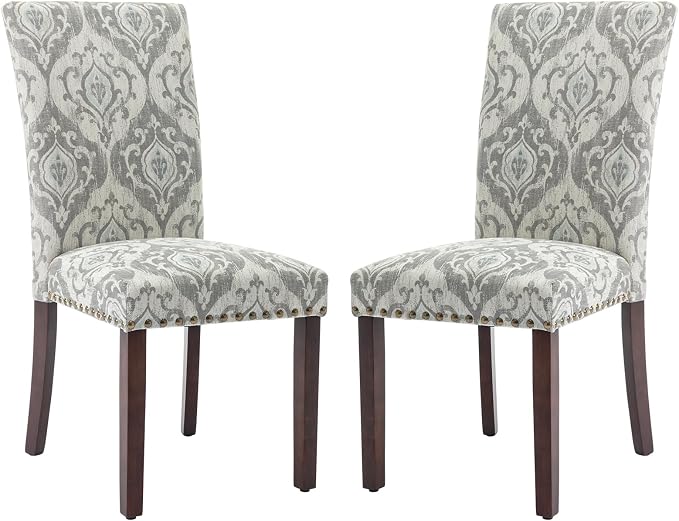 COLAMY Upholstered Parsons Dining Chairs Set of 2, Fabric Dining Room Kitchen Side Chair with Nailhead Trim and Wood Legs - Grey/White Flower