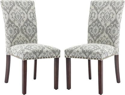 COLAMY Upholstered Parsons Dining Chairs Set of 2, Fabric Dining Room Kitchen Side Chair with Nailhead Trim and Wood Legs - Grey/White Flower