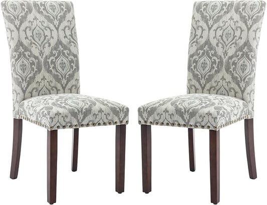 COLAMY Upholstered Parsons Dining Chairs Set of 2, Fabric Dining Room Kitchen Side Chair with Nailhead Trim and Wood Legs - Grey/White Flower