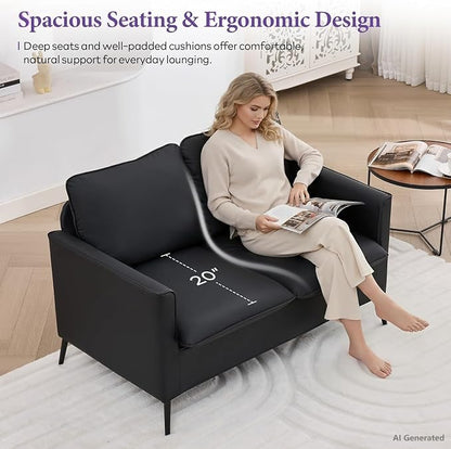 TYBOATLE Faux Leather Loveseat Sofa and Accent Chair Set of 2, Comfy Love Seat Couch and Chair Set, Mid-Century Modern 2 Seat Couches for Small Spaces, 3 Pieces Living Room Furniture Sets (Black, 3)