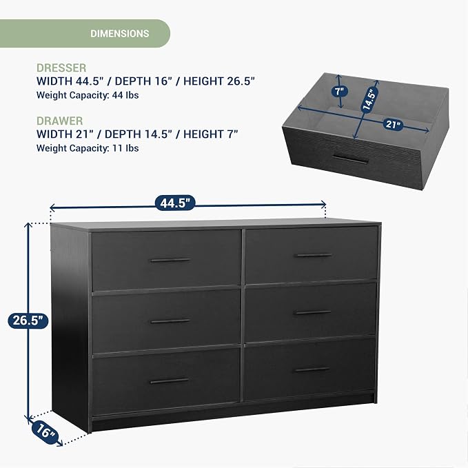Modern 6-Drawer Dresser with Spacious Storage, Sturdy Wood Frame, Large Capacity Fabric Drawers, Dressers for Bedroom, Home Organization Storage for Living Room or Hallway, Black | 6-drawer dresser, fabric storage drawers, sturdy wood frame, bedroom or...