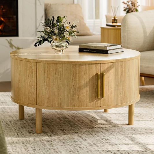 ZttRiee Round Coffee Table with Sliding Doors, Modern, Natural | Ø30.0"D x 16.3"H, 200 lbs capacity, dual sliding-door storage, ~45 min assembly.