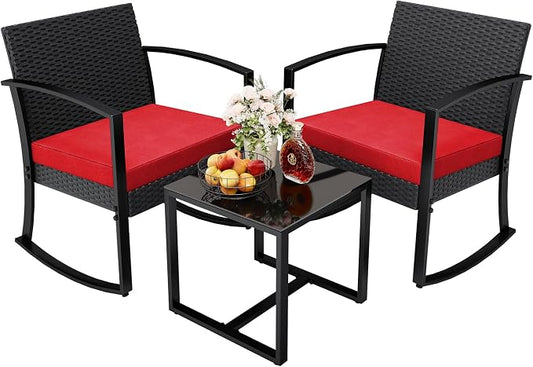 Greesum 3 Piece Patio Furniture Set, All-Weather Imitation Rattan Conversation Set, Outdoor Rocking Chair Bistro Set with Glass Top Coffee Table for Pool, Deck, Porch, Garden or Balcony, Red