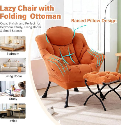 Furlide Lazy Chair with Ottoman, Modern Accent Chair with Armrests and a Side Pocket, Orange Accent Chairs, Reading Chairs, Oversized Armchairs for Bedroom, Study, Living Room, Courtyard