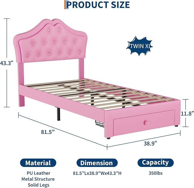 Garvee Twin XL Size Bed Frame with LED Lights & Velvet Crystal Button Headboard, Upholstered Boy Platform Bed with Storage Drawer, Noise Free, No Box Spring Needed for Kids, Teens, Pink