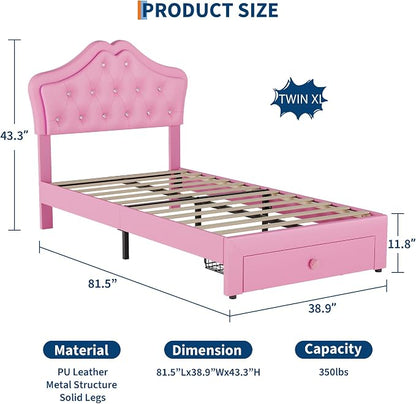 Garvee Twin XL Size Bed Frame with LED Lights & Velvet Crystal Button Headboard, Upholstered Boy Platform Bed with Storage Drawer, Noise Free, No Box Spring Needed for Kids, Teens, Pink