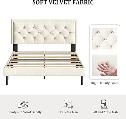 CXVX Queen Size Platform Bed Frame with Upholstered Velvet Button Tufted Headboard, Mattress Foundation with Wooden Slat Support, No Box Spring Needed, Easy Assembly, Noise Free, Beige