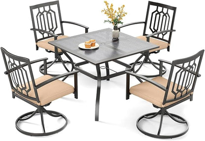 PHI VILLA 5 Pieces Outdoor Dining Set for 4, 37” Square Wrought Iron Table with Mesh Tabletop & Swivel Metal Steel Chairs with Cushions, Outside Furniture Set for Patio, Porch, Deck, Backyard