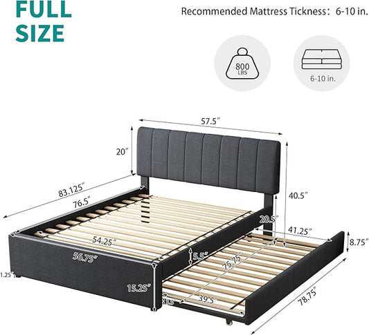 Full Size Upholstered Platform Bed with Pull-Out Trundle Bed | Twin Size Trundle, LED Lighting Controlled by APP, USB+Type-C Charging Ports, Linen Upholstered Bed Frame,Dark Grey