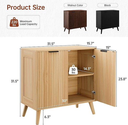Fluted Sideboard Buffet Cabinet with Storage, 2 Doors Modern Sideboard Cabinet for Living Room, Wood Coffee Bar Cabinets with Adjustable Shelves Accent Credenza for Kitchen, Entryway, Natural