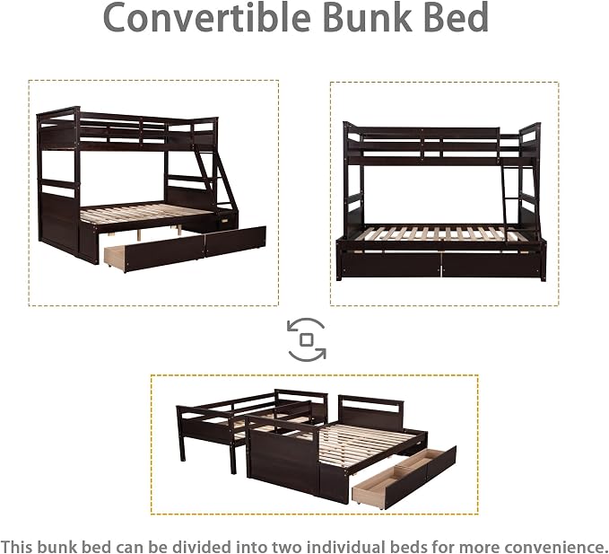 Merax Twin Over Full Bunk Bed, Wood Bunk Bed with Removable Ladders and Two Storage Drawers, Convertible into Two Individual Beds (Espresso)