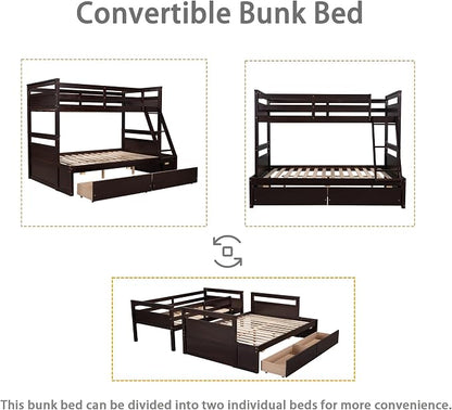 Merax Twin Over Full Bunk Bed, Wood Bunk Bed with Removable Ladders and Two Storage Drawers, Convertible into Two Individual Beds (Espresso)