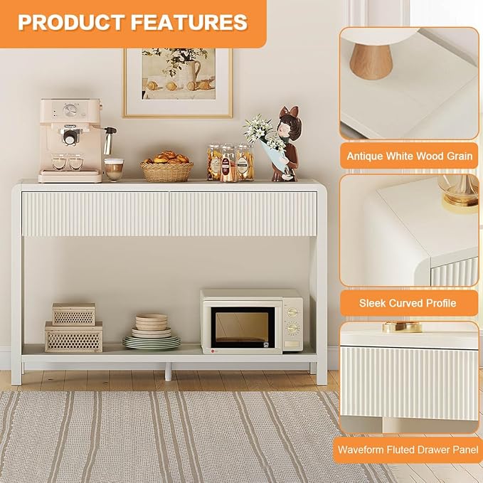 FATORRI Entryway Console Table with 2 Drawers, 47.2 inch Modern Sofa Table for Living Room, Couch Tables Behind Sofa and Hallway Tables with Storage, Antique White