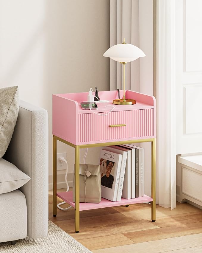 Nightstand with Charging Station, 3-Tier Bed Side Table, Small End Table, Night Stand with Open Shelf and Drawer, Bedside Table for Bedroom, Living Room, Pink