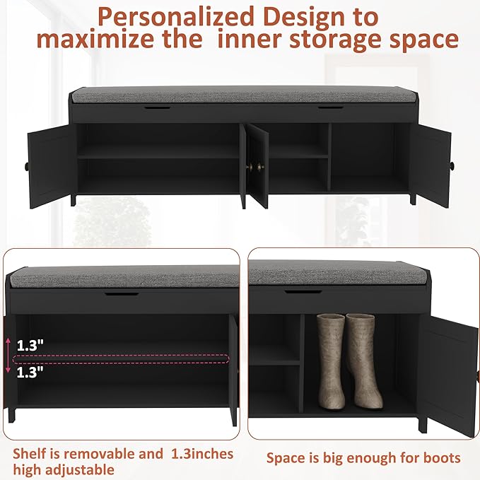 HOMEFORT 54.4" Shoe Bench with Lift Top Storage, Entryway Bench with Cushioned Seat, Wooden End of Bed Bench, Shoe Cabinet Bench with Hidden Storage Space, for Bedroom, Hallway,Black