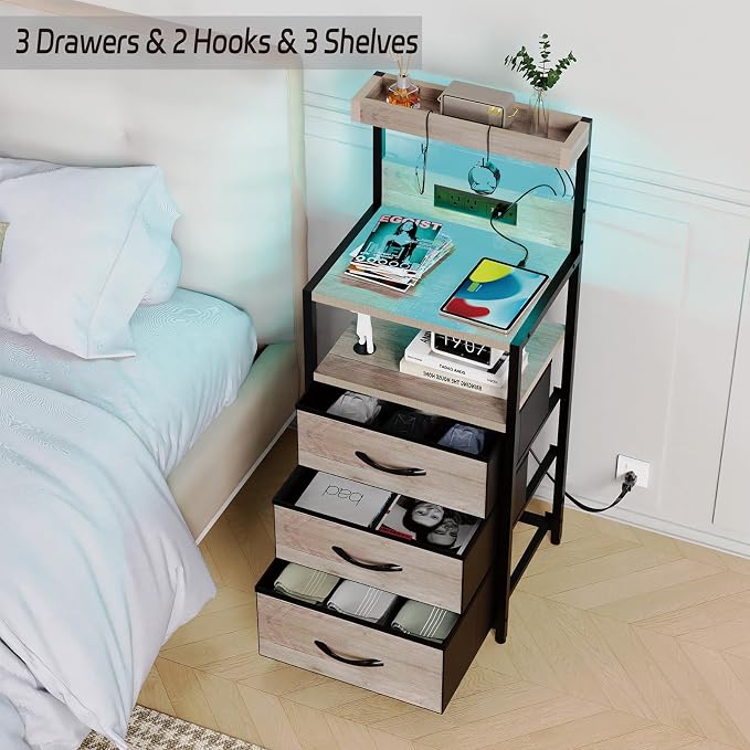 SZLHANJZ Night Stand with Charger Station, 3 Drawers Nightstand with Storage and LED Lights, Shelves, and Hooks, Bed Side End Table for Bedroom Dorm, Greige