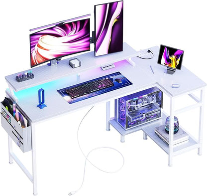 DUMOS L Shaped Gaming Desk, 48" Computer Desks with USB Charging Ports, Power Outlets, Type-C and LED Lights, Reversible Desk with Storage Shelves & Monitor Stand for Office,White