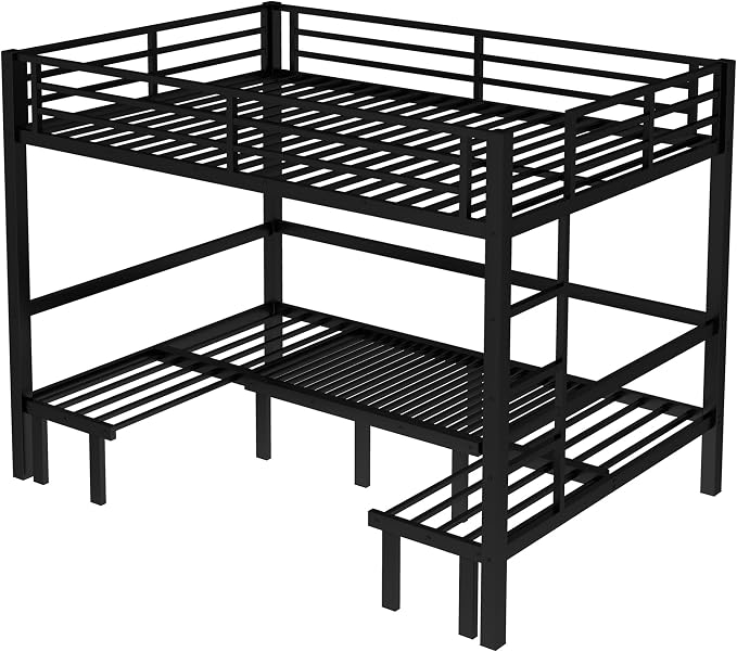 Bellemave Queen Over Queen Futon bunk Bed, Lower bunk can be Pulled Out in Three Sections, Loft Bed with Sofa for Teens, Adults, Bedroom, Black(Excluding Cushions and mattresses)