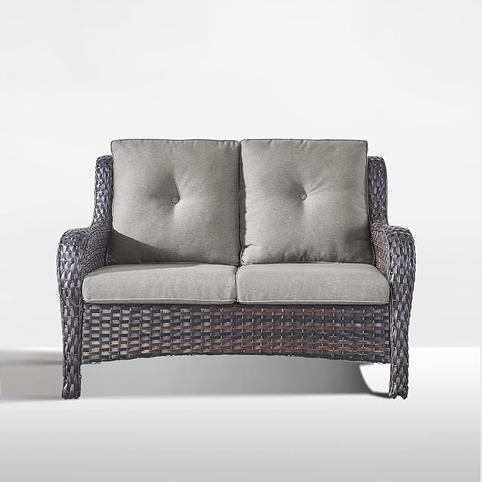 Outdoor Loveseat Sofa-2 Seater Rattan Wicker Patio Couch High Back Patio Sofa for Porch Deck Backyard-Brown/Grey