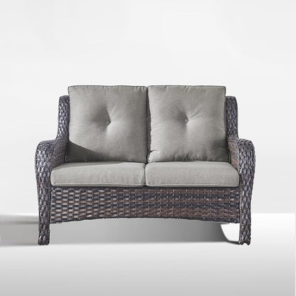 Outdoor Loveseat Sofa-2 Seater Rattan Wicker Patio Couch High Back Patio Sofa for Porch Deck Backyard-Brown/Grey