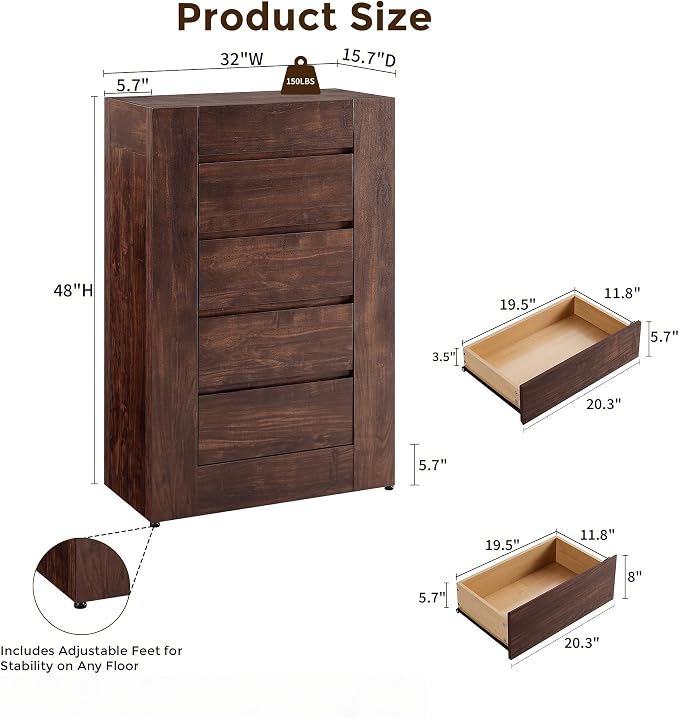 OKD 5 Drawer Dresser for Bedroom, 48" Tall Dresser Chest of Drawers with Thick Wood Design, Handleless, Modern Bedroom Dresser, Storage Organizer for Living Room/Entryway, Dark Walnut