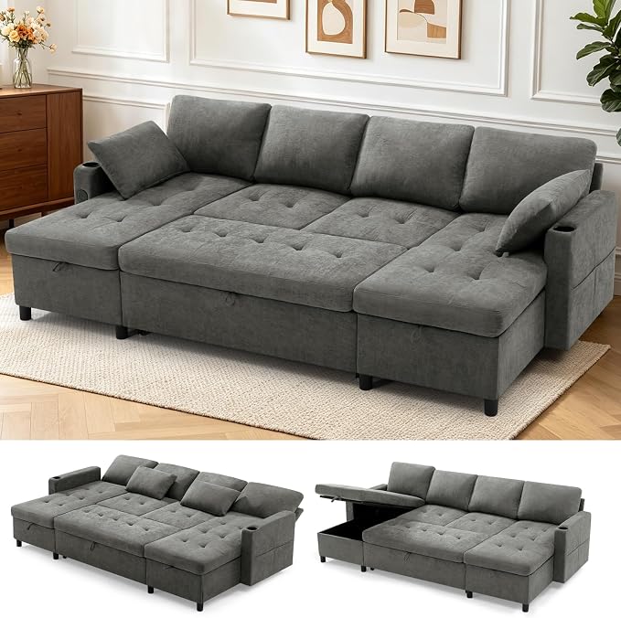 110" U-Shape Reversible Sectional Sofa Bed w/USB Port, Light Grey | Upholstered Sleeper Couch w/Adjustable Backrest and Storage Chaises, Chenille Modern Sofa w/Pull-Out Bed for Living Room
