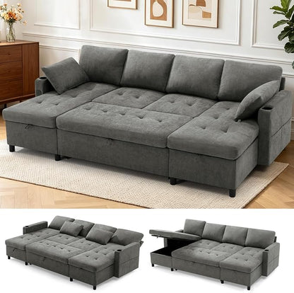 110" U-Shape Reversible Sectional Sofa Bed w/USB Port, Light Grey | Upholstered Sleeper Couch w/Adjustable Backrest and Storage Chaises, Chenille Modern Sofa w/Pull-Out Bed for Living Room