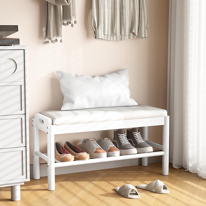Entryway Shoe Storage Bench, 2-Tier Wood Shoe Rack with Cushion, Padded Seat Entryway Organizer with Shelf & Hidden Storage for Entry, Hallway, Living Room, Bedroom, Closet (White, 31.5")