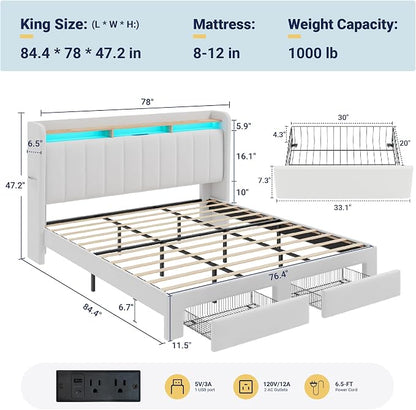 Allewie King Size Bed Frame with 2-Tier LED Storage Headboard, Velvet Upholstered King Platform Bed with 2 Storage Drawers, USB & Type-C Charging Ports, Noise-Free/No Box Spring Needed, White