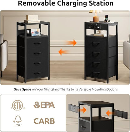 Lazzanto NightStand Bedside Charging Table Bedroom - Black Night Stand with Charger Station, Modern Bed Side End Table with Open Shelf & 4 Fabric Drawers, USB-C Port for Dorm Living Room