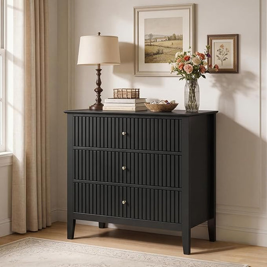 RoyalCraft Black Fluted 3 Drawer Dresser, 32 inch Wide Dresser Nightstand for Bedroom, Modern Wood Chest of Drawers, Large Painted Nightstand with 3 Drawers for Closet, Hallway, Entryway