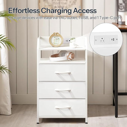 HOOBRO White Nightstand with Charging Station, End Table with 1 AC Outlet, 1 USB Port, and 1 Type-C Port, Bedside Table with LED Light Strip and 3 Non-Woven Drawers, for Bedroom, White WT013UDBZ01