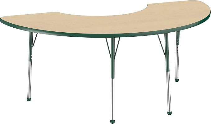 FDP Half Moon Activity School and Office Table (36 x 72 inch), Standard Legs with Ball Glides for Collaborative Seating Environments, Adjustable Height 19-30 inches - Maple Top and Green Edge