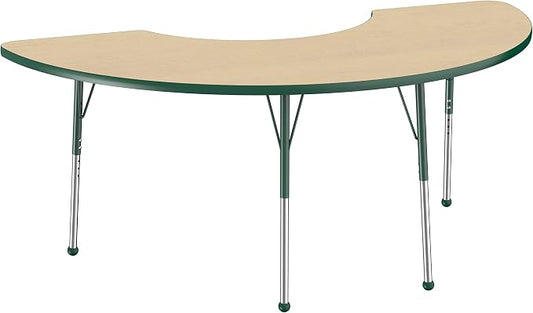FDP Half Moon Activity School and Office Table (36 x 72 inch), Standard Legs with Ball Glides for Collaborative Seating Environments, Adjustable Height 19-30 inches - Maple Top and Green Edge