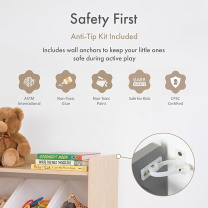 Humble Crew Toy Storage Organizer with Bookshelf, 9 Removable Storage Bins for Kids Playroom, Toy Organization and Storage, Solid Wood, Natural/White