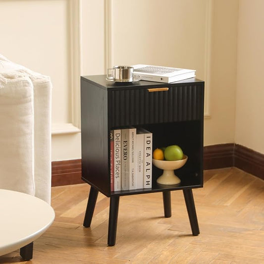 Fultyle Black Fluted Nightstand, Modern Bedside Table with Drawer and Open Storage, End Side Table Living Room with Solid Wood Legs for Bedroom (Black)