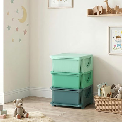 Qaba 3 Drawers Kids Storage Unit, 3 Tier Stackable Toy Organizers and Storage Chest for Bedroom, Nursery, Playroom, Living Room, Boys, Girls, Toddlers, Green
