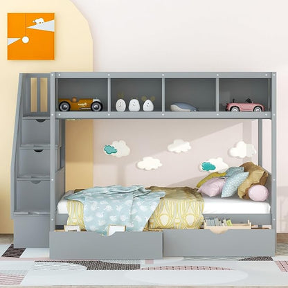 MERITLINE Twin Over Full Bunk Bed with Stairs, Storage Shelves and Drawers, Solid Wood Bunk Bed Frame with Storage, for Teens Adults (Grey)