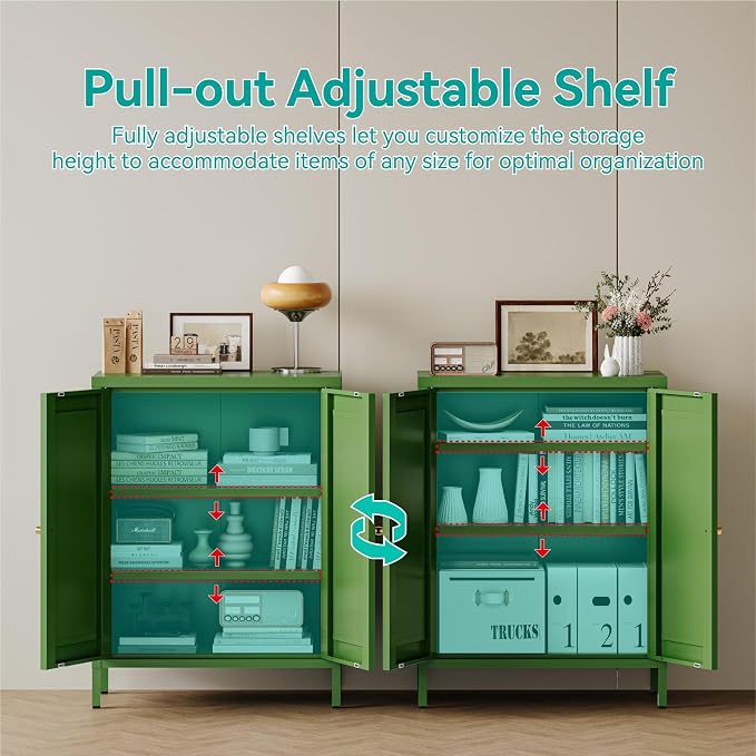 Small Metal Storage Cabinet, 23.6" Wide Bathroom Cabinet with 2 Adjustable Shelves, 3-Tier Shaker Sideboard Storage Unit for Entryway Living Room Kitchen,Forest Green
