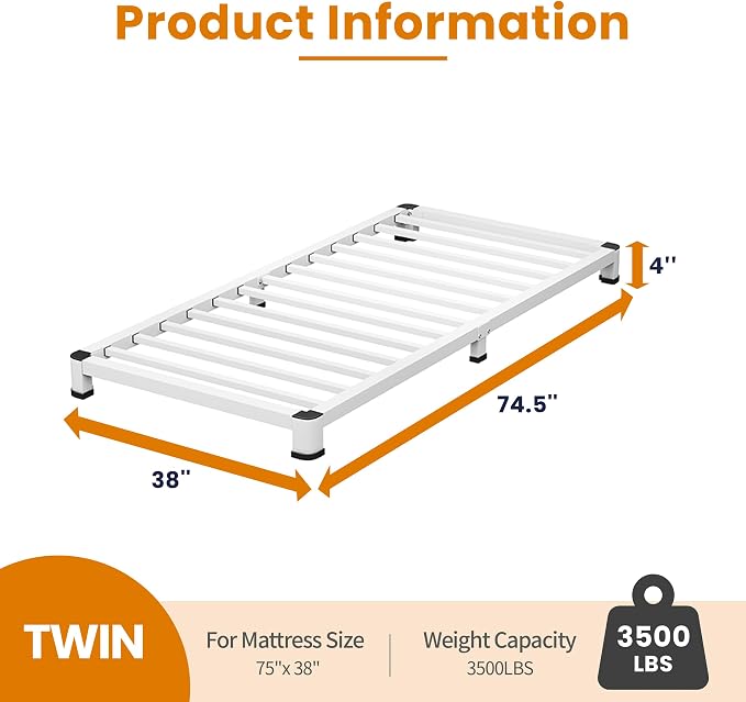 NKZ Twin Platform Bed Frame 4 Inch, Heavy Duty Metal Low Profile Bed Frame with Round Corner Legs, 3500lbs Weight Capacity Reinforced Frame, No Box Spring Needed，Noise-Free, Easy Assembly