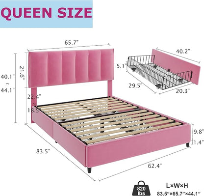 VECELO Queen Size Bed Frame with 4 Storage Drawers, Adjustable Height Headboard, Heavy-Duty Platform Bedframe with Strong Wooden Slats, No Box Spring Needed, Pink