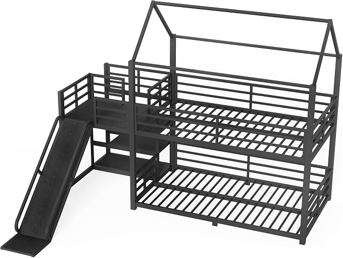 Harper & Bright Designs Metal House Bunk Bed with Slide and Roof, Twin Over Twin Floor Bunk Bed with Staircase and Full Length Guardrails, No Box Spring Required, Noise Free, Space Saving, Black