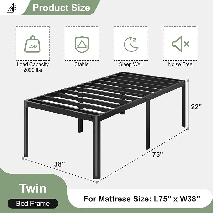 Lutown-Teen 22 Inch High Twin Bed Frames with Rounded Corner Legs, Heavy Duty Metal Twin Platform Bed Frame with Steel Slats Support, No Box Spring Needed, Noise Free, Easy Assembly