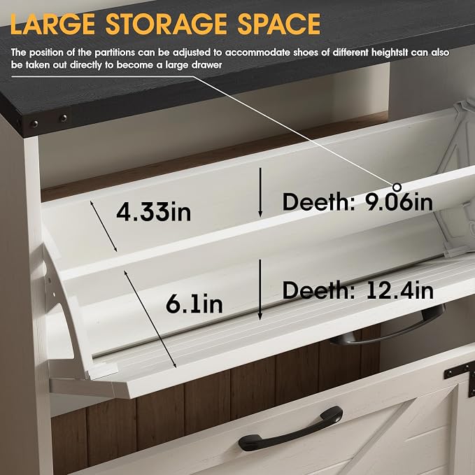Maupvit 24" W Farmhouse Shoe Cabinet Storage for Entryway, Freestanding Organizer with 2 Flip Drawers, Narrow Shoe Rack Cabinet with Metal Corner Decoration, White