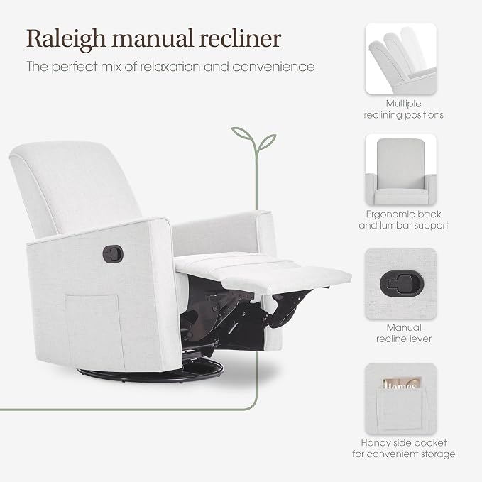 Evolur Raleigh Upholstered Manual Glider Recliner– Rocking & 360° Swivel with Smooth Glide – Greenguard Gold & FSC Certified – Modern Nursery and Living Room Chair in Fog