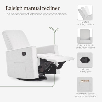 Evolur Raleigh Upholstered Manual Glider Recliner– Rocking & 360° Swivel with Smooth Glide – Greenguard Gold & FSC Certified – Modern Nursery and Living Room Chair in Fog