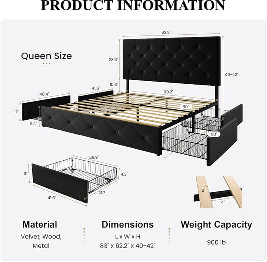 SHA CERLIN Queen Platform Bed Frame with 4 Oversized Storage Drawers, Adjustable Headboard with Velvet Upholstery, Diamond Button Tufted Design, Wooden Slat Support, No Box Spring Needed, Black