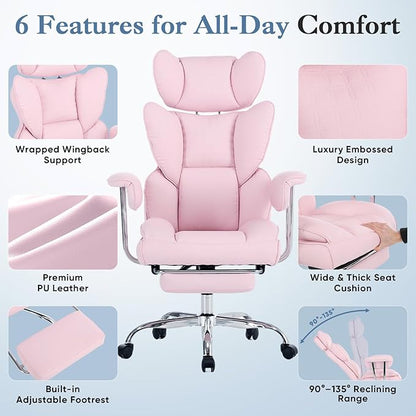 DUMOS Big and Tall Office Chair 400 LBS, Scratch-Resistant PU Leather Executive Office Desk Chair with Footrest, Ergonomic Reclining Computer Chairs with Pocket Spring Support, Pink