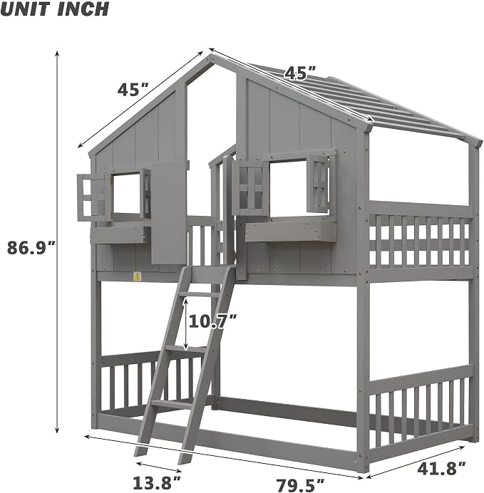 GDFStudio Twin Over Twin House Bunk Bed with Roof,Windows,Door,Window Boxes,Safety Guardrails & Ladder,Pine Wood Frame,Low-Height Kids Bunk Beds for Bedrooms,Playful Loft Bed with Easy Assembly, Grey