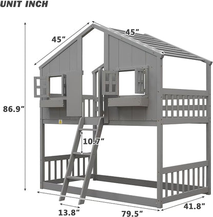 GDFStudio Twin Over Twin House Bunk Bed with Roof,Windows,Door,Window Boxes,Safety Guardrails & Ladder,Pine Wood Frame,Low-Height Kids Bunk Beds for Bedrooms,Playful Loft Bed with Easy Assembly, Grey
